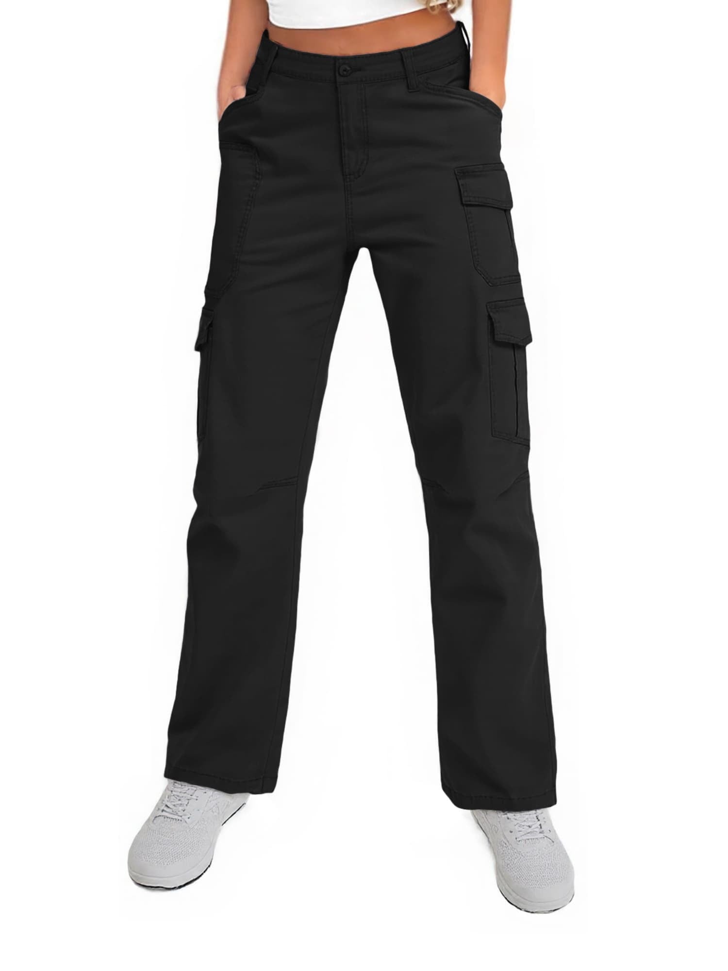 Asfixiado Womens Cargo Pants Black with Multi Pockets Baggy Cotton Pant Work Casual Trousers for Travel Outdoor Wear