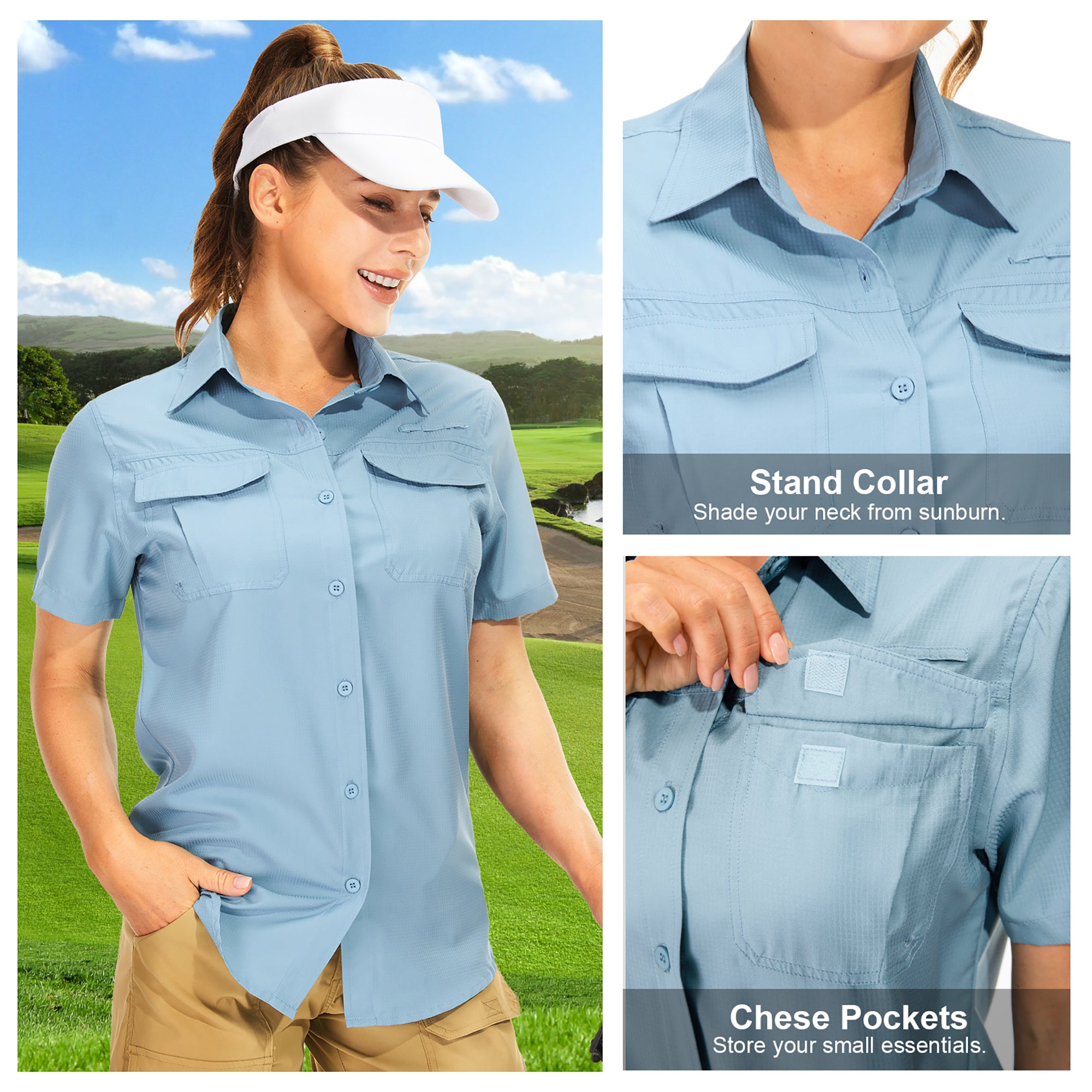 Asfixiado Women Sun Protection Short Sleeve Shirts for Travel Fishing Work Quick Dry Summer Tops Safari Hiking Blouse