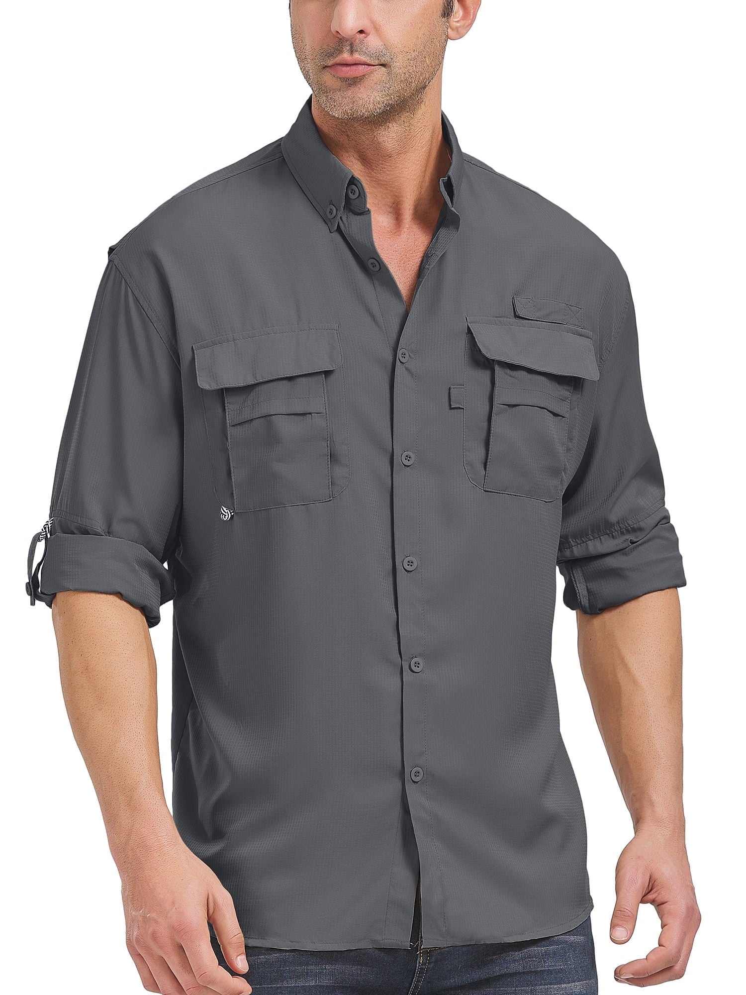 POENTAB Long Sleeve Fishing Shirts for Men Quick Dry Hiking Work Shirt Sun Protection UV UPF 50 Button Down Tops With Mesh Line Outdoor Safari