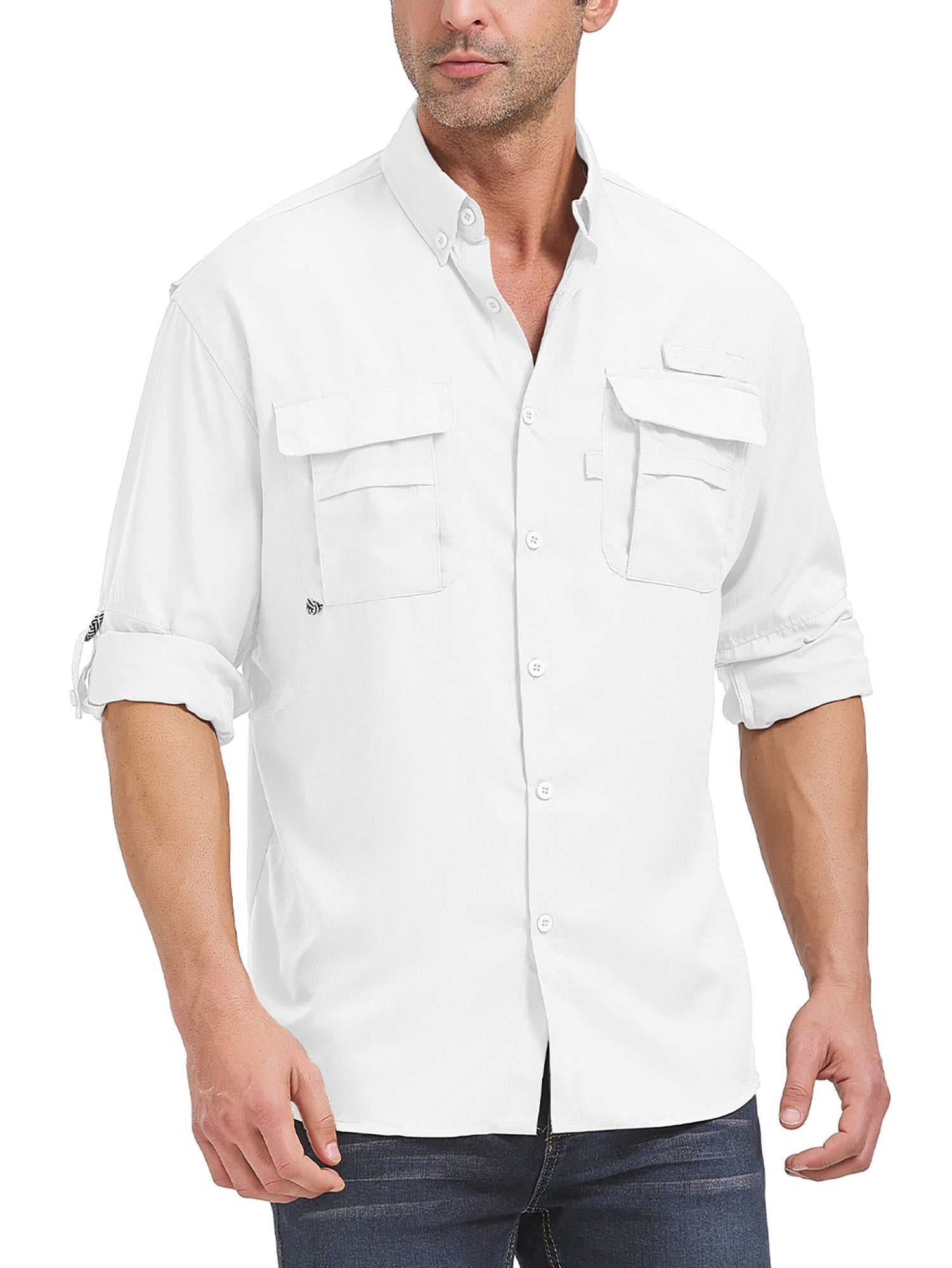 POENTAB Long Sleeve Fishing Shirts for Men Quick Dry Hiking Work Shirt Sun Protection UV UPF 50 Button Down Tops With Mesh Line Outdoor Safari